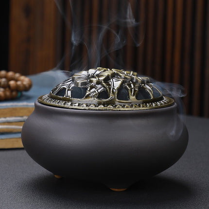 Copper Lid Ceramic Incense Burner Buddha with Antique Alloy Wire Incense Burner