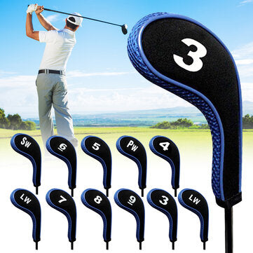 12Pcs/set Golf Clubs Iron Head Covers Driver Professional Number Tag Headcovers Rubber Golf Long Neck Protector Case with Zipper Long Neck Blue