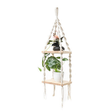 2 Tiers Wooden Wall Hanging Shelf Bohemian Handmade Macrame Wall Rope Rustic Shelves Floating Plant Rack Home Office Decorations