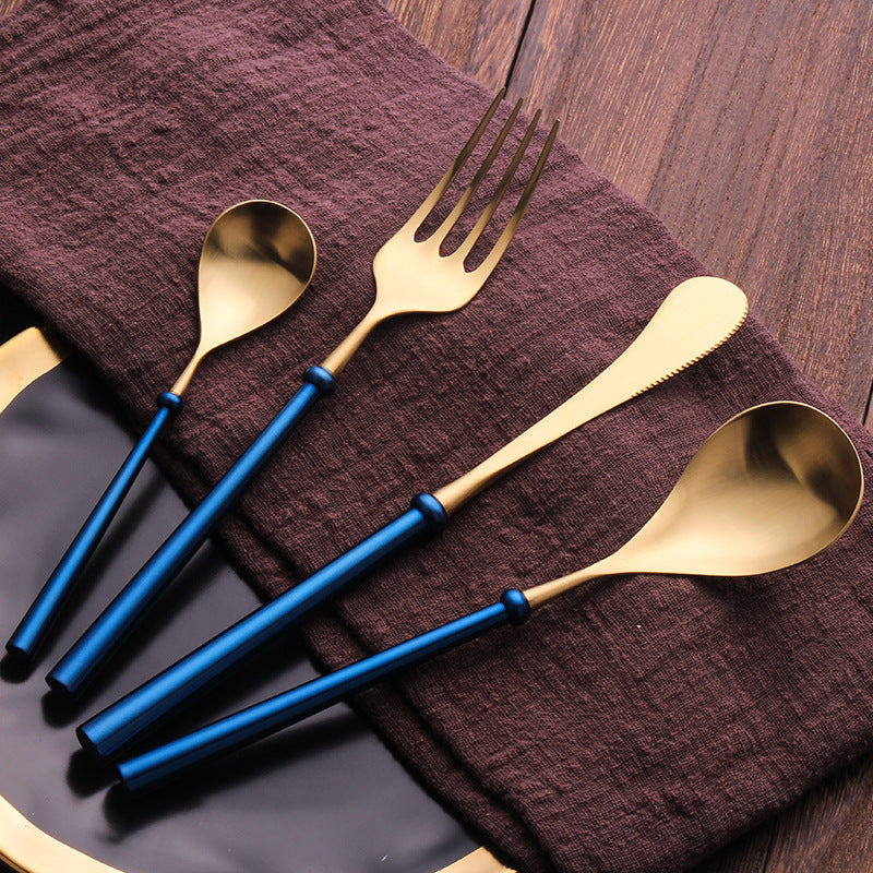 European Style 304 Stainless Steel Blue Gold Steak Knife Fork Spoon