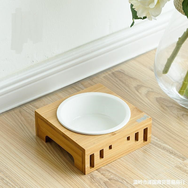 Solid Wood Frame Rice Bowl Ceramic Bowl Cat Food Bowl Pet Food Bowl