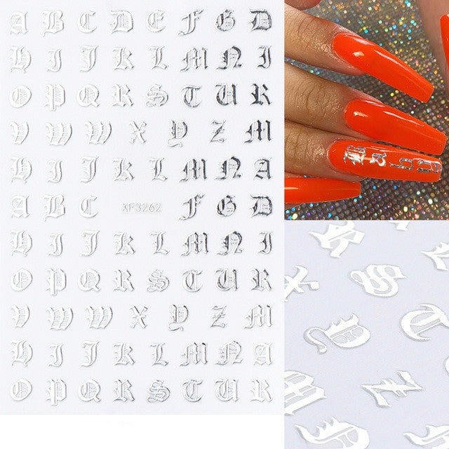 Cross-Border Hot Nail Art Stickers Ins Retro Gold-Plated 3D Nail Adhesive Stickers Retro English Characters Laser Silver