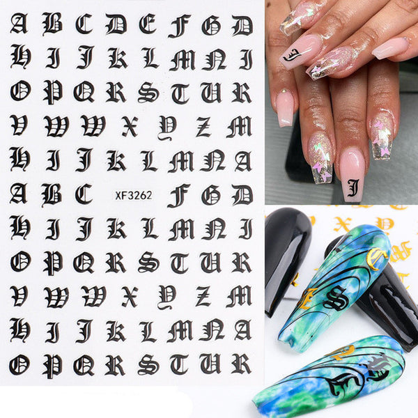 Cross-Border Hot Nail Art Stickers Ins Retro Gold-Plated 3D Nail Adhesive Stickers Retro English Characters Laser Silver
