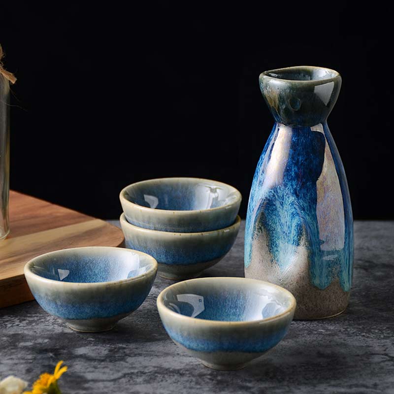 Vintage Japanese Ceramic Pot Liquor Glass 1 Jar 4 Cups Home Bar Sake White Glass Bottle