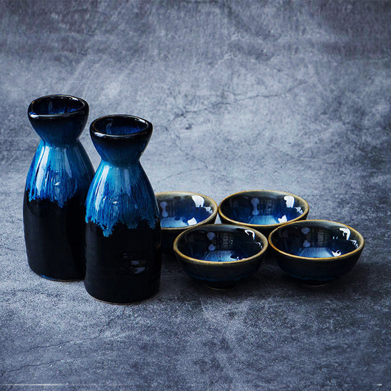 Vintage Japanese Ceramic Pot Liquor Glass 1 Jar 4 Cups Home Bar Sake White Glass Bottle