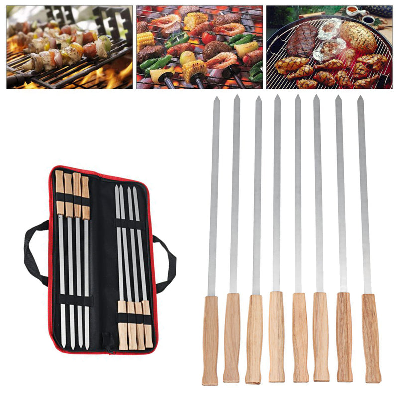 6Pcs Kebab BBQ Stainless Steel Skewers with Wooden Handles Roasting Pin Barbecue Fork Wooden Handle for Picnic