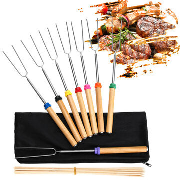 8PCS Roasting Sticks Telescoping 12 -32  Smore Sticks Skewers Set with Wooden Handle for BBQ Hot Dog Fork Fire Pit Camping Cookware