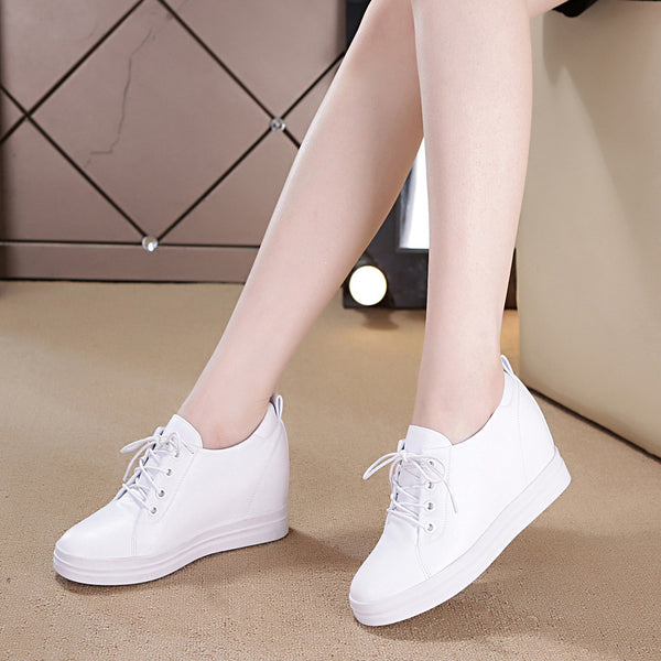 Women's Explosive Style Lace-Up Increased Student White Shoes Running Shoes