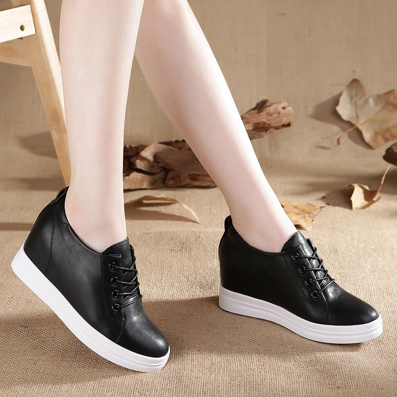 Women's Explosive Style Lace-Up Increased Student White Shoes Running Shoes