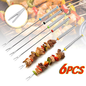 6Pcs BBQ Skewer Stainless Steel Heat-resistant BBQ Fork Reusable Barbecue Skewers Stick Cooking Tools