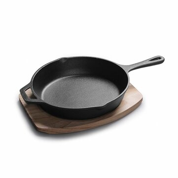12 Cast Iron Frying Pan No-Coating Saucepan Skillet Kitchen Home Cooking Tool With Wood Base