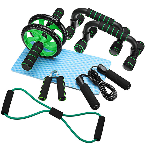 7 Pcs/Set Ab Rollers Kit Push-UP Bar Jump Rope Hand Gripper Knee Pad Resistance Band Exercise Training Home Gym Fitness Equipment