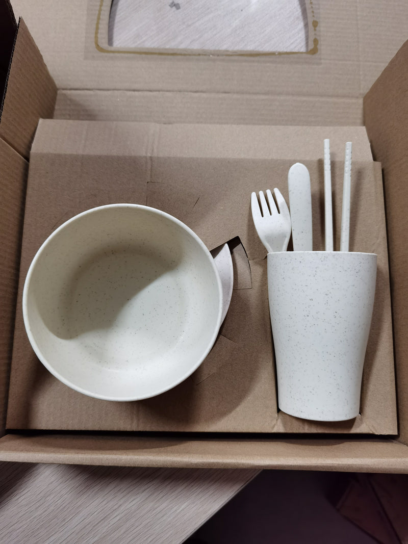 Wheat Straw Bowl Cup Dish Plate Spoon Fork Chopsticks Set