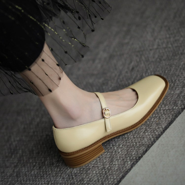 Thick-heeled Women's Singles Shoes With Mid-heel Comfortable Square Toe French Retro Flat-heeled Small Leather Shoes