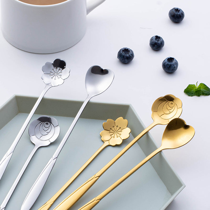 Stainless Steel Korean Spoon Long Handle Cherry Blossom Stirring