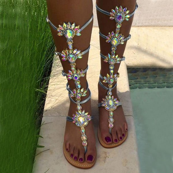 Summer New Fashion Rhinestone Flat Toe Roman Style Sandals Women