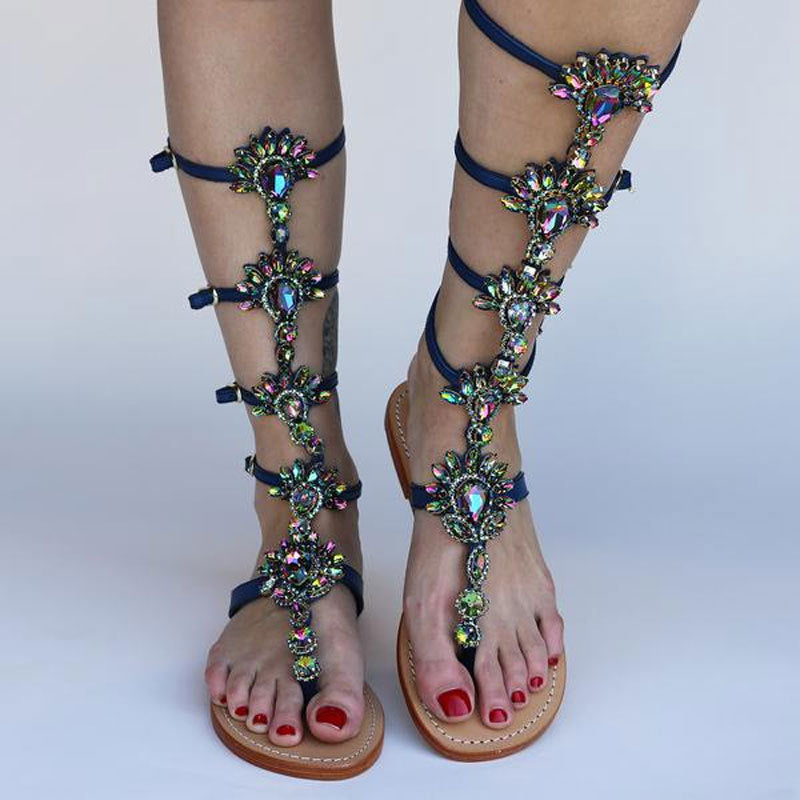 Summer New Fashion Rhinestone Flat Toe Roman Style Sandals Women