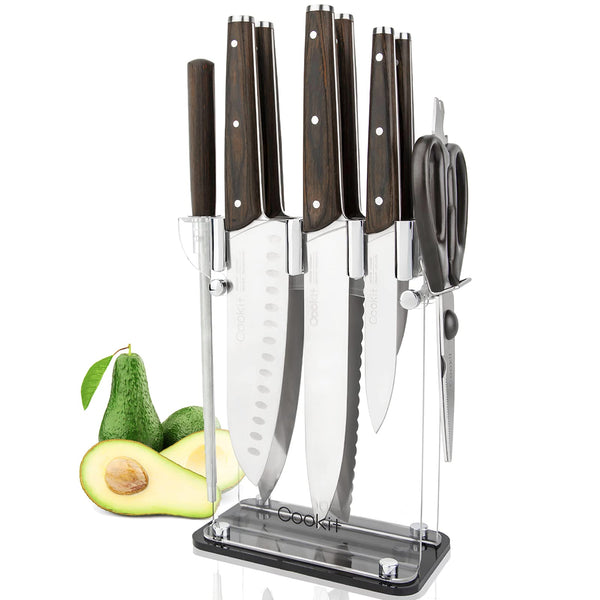 Knife Block with Knife, 9-Piece Kitchen Knife Set Sharp with Acrylic Block Holder, Wooden Handle with Manual Sharpener, Peeling Scissors - Best Cutlery Set Gift Amazon Platform Banned