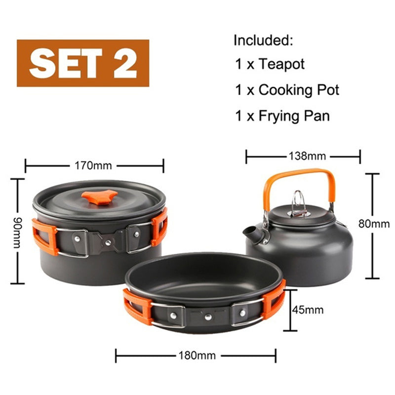 Outdoor Camping Hiking Cookware Tableware Picnic Cooking Pan Fry Pan Kettle Teapot Foldable Fork Spoon Kit Camping Picnic Tools